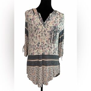 Energe Cream Multicolor Floral V-Neck Soft Tunic Top Size M Boho Chic